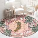 Washable Pink Rugs Thin Oriental Boho Vintage Cute Tropical Leopard 6ft Round Area Rugs for Bedroom Kitchen Dining Living Room Office Indoor Entryway Distressed Nursery Circle Carpet