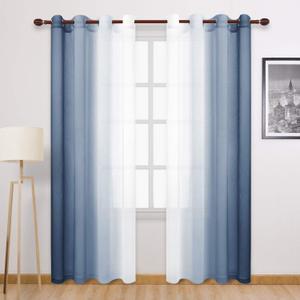 DWCN Ombre Faux Linen Sheer Curtains - Semi Voile Gradient Grommet Top Curtains for Bedroom and Living Room, 52 x 96 Inches Long, Set of 2 Window Curtain Panels, Denim Blue