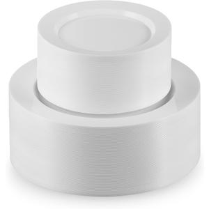 Munfix 00 White Plastic Plates Set, 50 Pcs 10 Inch Plastic Dinner Plates and 50 Pcs 7 Inch Plastic Dessert Plates, Elegant Fancy Heavy Duty Disposable Plates for Party, Wedding, White