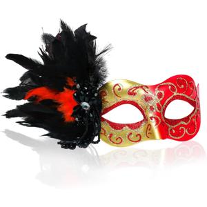 Masquerade Mask for Women Venetian Party Mask Costume Mask with Feathers for Cosplay, Halloween Prom Ball Decor (Red)