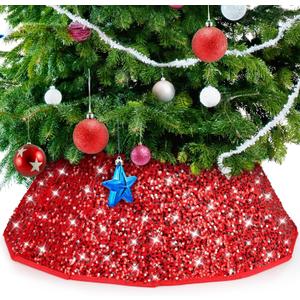 Lemicin Red Christmas Collar Sequins - 25 Inch Glitter Merry Xmas Tree Base Collapsible Skirt Stand Cover for Winter Holiday Home Decor