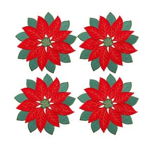 Joyfol Day Christmas Poinsettia Placemats Set of 5, Applique Embroidered Cutwork Red Florals Placemat, Xmas Flowers Tabletop Decoration for Home Kitchen Dining Winter Party (14 Inch Round)