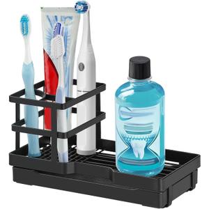 MYITYARD Toothbrush Holders, Metal Tooth Brush Holder for Bathroom with Drainage, Countertop Electric Toothbrush and Toothpaste Organizer, Bathroom Accessories, Black