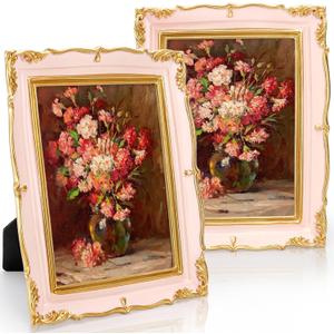 Covzoe 2 Pack 5x7 Vintage Picture Frame, Antique Pink Photo Frame with Gold Trim, Fancy Display Frames for Tabletop or Wall Decor, Horizontal or Vertical