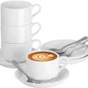 Stackable Espresso Cups and Saucers Set with Stainless Steel Spoons for 4, 2.5oz Ceramic Demitasse Cups, Durable Porcelain Coffee Cups for Hot Drinks, Tea, Gifts-White (Small)