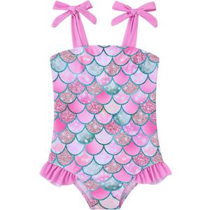 Vieille Toddler Girls Swimsuits Ruffle Bathing Suits One Piece Swimwear 2-6T (Pink Mermaid)