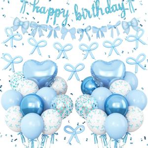 Blue Bow Birthday Decorations, Coquette Party Decor with Blue Happy Birthday Banner, Bow Garland, Bow Balloons, Heart Foil Balloons, Ribbon for Girls, Women, Baby Shower, Bow Theme Party