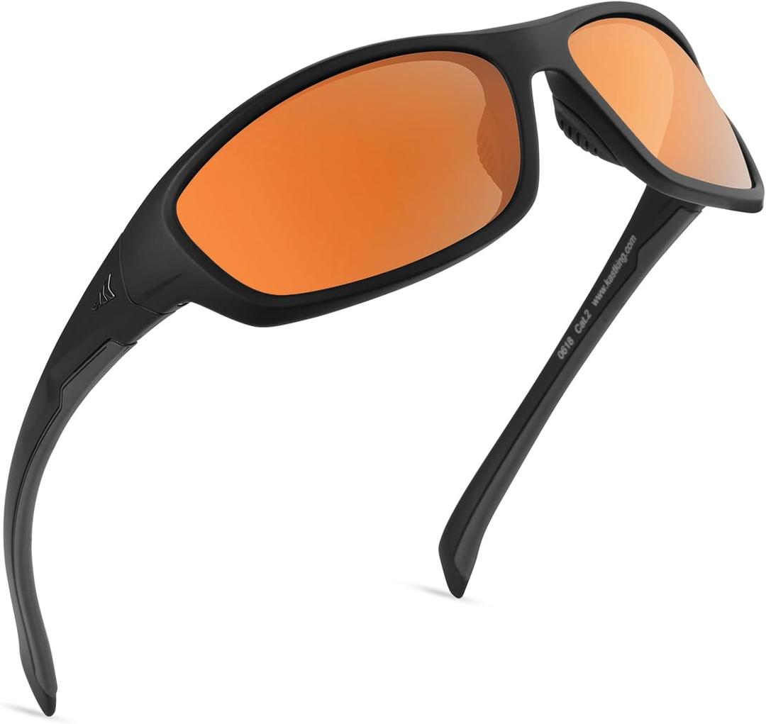 KastKing Hiwassee Polarized Sport Sunglasses for Men and Women, Wrap Sunglasses for Fishing Cycling and Running,UV Protection (Frame: Matte Blackout / Lens: Copper)