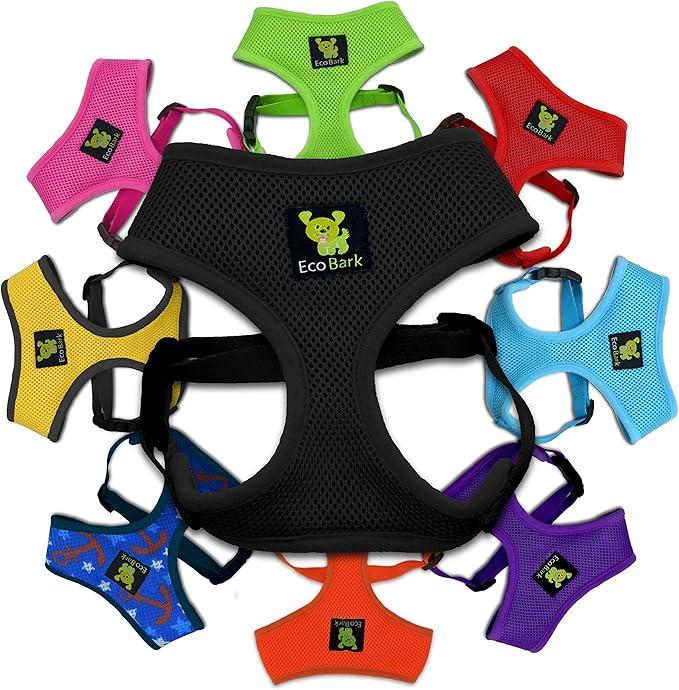 EcoBark Dog Harness  EcoFriendly Max Comfort Harnesses  Luxurious Soft Mesh Halter  Over The Head Harness Vest No Pull and No Choke for Small, Toy Breed, and Teacup Dogs (XS, Black)