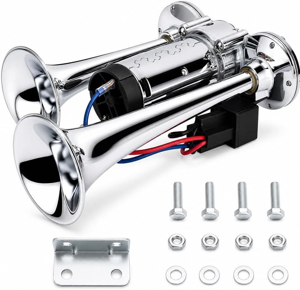 600DB Super Loud Dual Electric Air Horns Kit for Vehicles - With Compressor, Applicable for Cars, SUVs, Trucks, Boats (Sliver) (Silver)