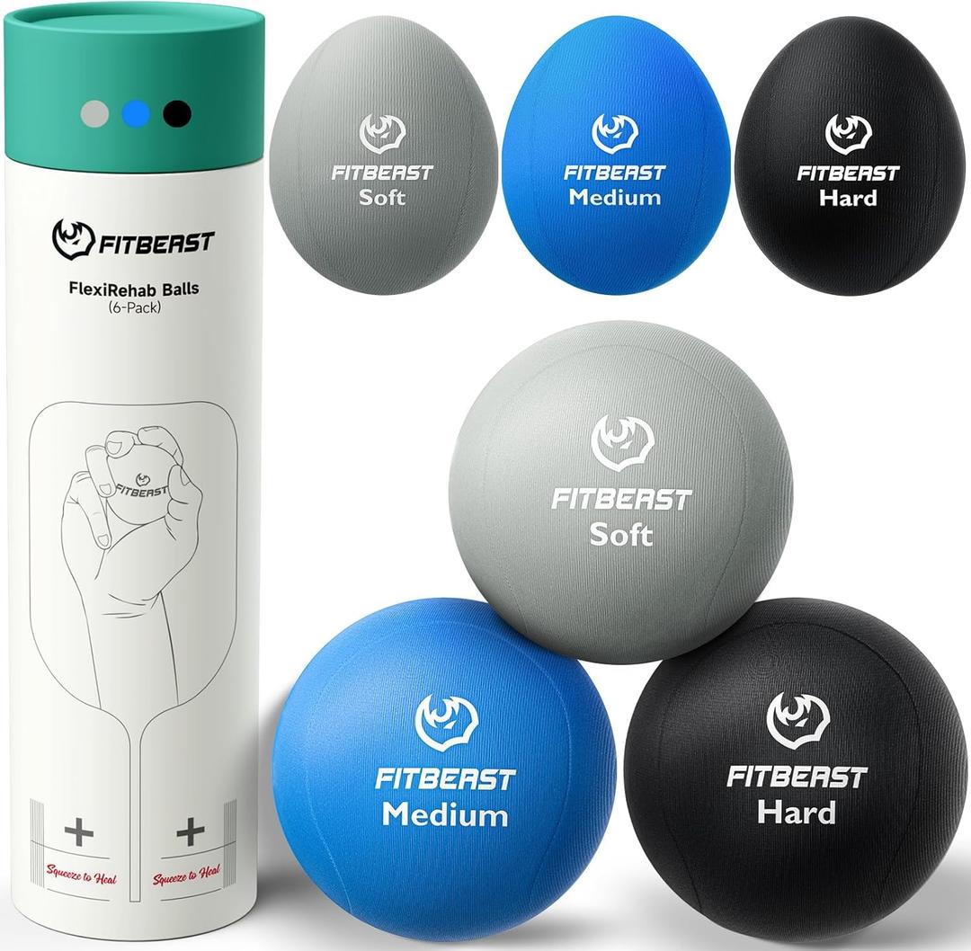 FitBeast Stress Balls for Adults, 6-Pack Hand Therapy Balls, Soft, Medium, Hard Tri-Density, Green, Orange, Blue (6 Piece Set - Gray, Sky, Black)
