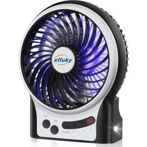 efluky 4.9-Inch Mini Desk Fan - 3 Speeds, Rechargeable Battery/USB Powered with LED Light, Quiet Portable Fan for Home, Office, Travel, Camping (Black)