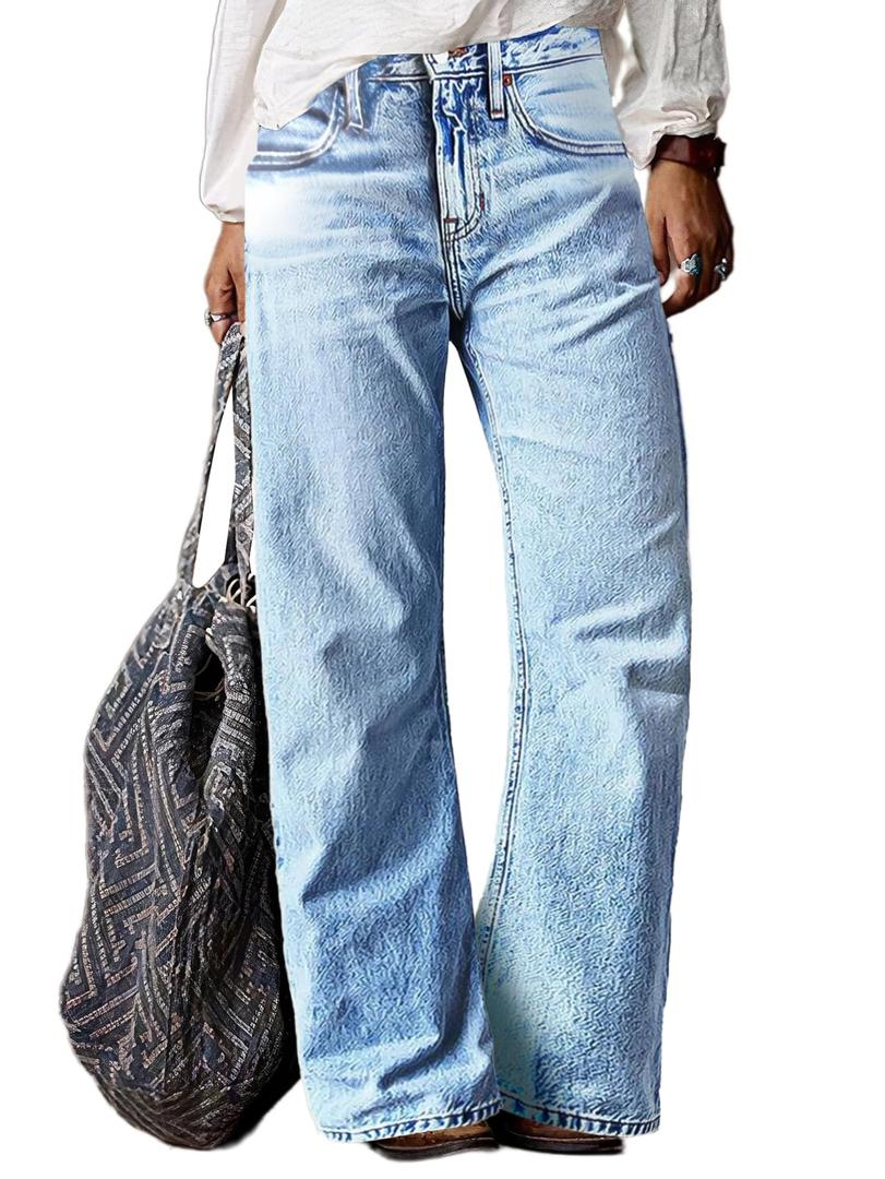 Flamingals Women's Mid Waist Baggy Straight Leg Jeans Casual Wide Leg Denim Pants Light Blue XL (XL)