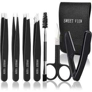 7pcs Eyebrow Tweezers Kit for Women Precision Plucker with Brow Scissors & Razor & Spoolie for Facial, Chin, Brow, Splinter and Ingrown Hair (Black)