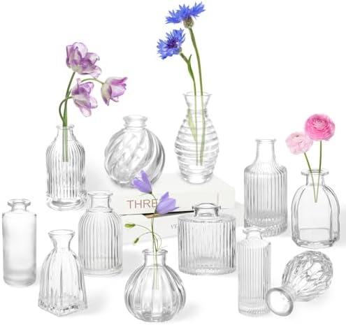 Small Bud Vases Set of 12 Vase for Centerpieces, Glass Vase for Flowers, Clear Flower Vase Ribbed Modern Bud Vases in Bulk, Vintage Vases for Floral Wedding Party Table Decoration Home Decor