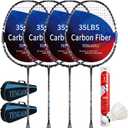 Professional Badminton Rackets Set of 4 Sports Outdoor Backyard or Indoor Badminton Game Set with Shuttlecocks- Includes 4 Black Rackets, 12 Duck Feather Badminton Shuttlecocks, One Size