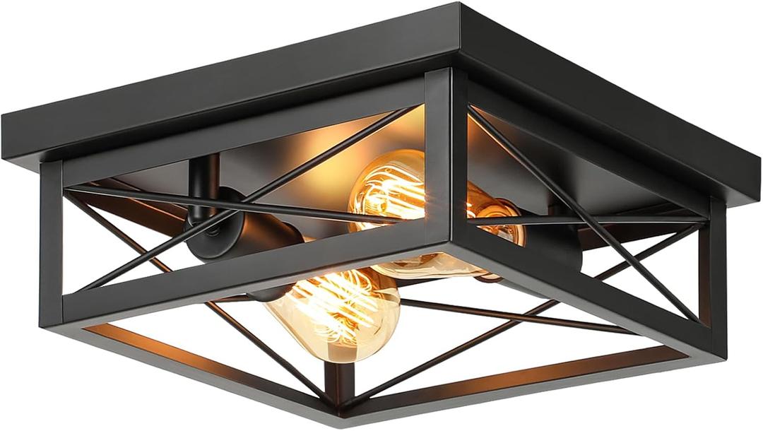 Kondras 2-Light Farmhouse Ceiling Light Fixture, Industrial Square Flush Mount Ceiling Light, Modern Black Metal Hallway Ceiling Lighting Fixture for Kitchen Entryway Living Room Bathroom Porch (1-Pack)