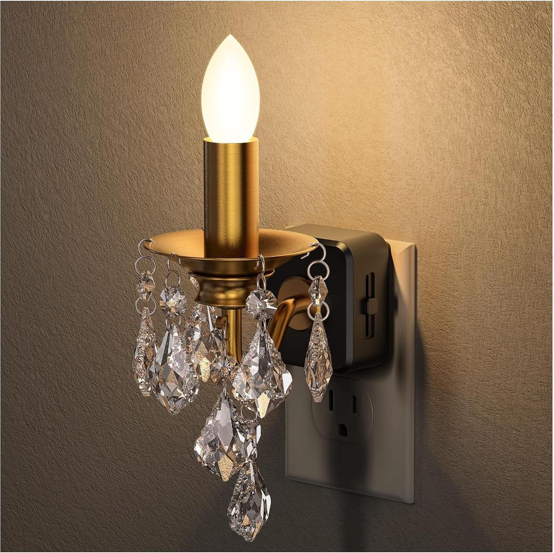 Briignite Chandelier Night Lights Plug into Wall, LED Warm Night Light with Dusk to Dawn Sensor, 0-100LM Dimmable, Decorative Gold Candle-Style Nightlight for Bedroom, Bathroom, Hallway, Stairway