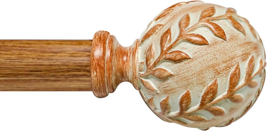 Imitation Wood Grain Curtain Rod for Windows 66 to 120 Inches: 1 Inch Heavy-Duty Adjustable Decorative Curtain Rod With Rustic Leaf Finials for Bedroom & Living Room