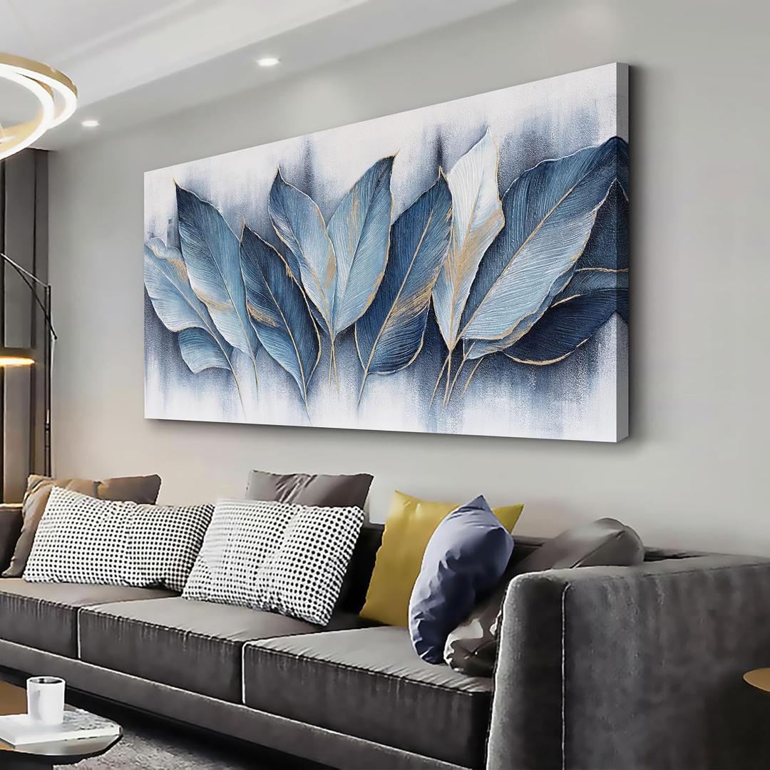 Framed Art Wall Decorations Blue Leaves Canvas Wall Art Abstract Art Modern Artwork For Living Room Bedroom Dining Room Home Office Decor 29"X58"
