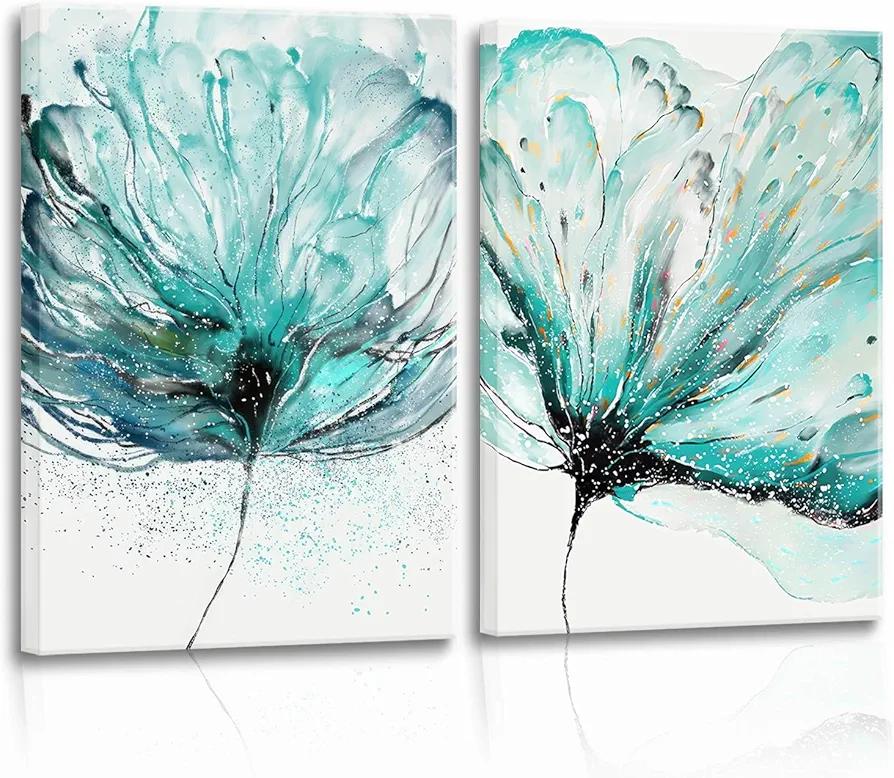 2 Pcs Frames Ink Green Modern Abstract Floral Canvas Wall Art Scandinavian Watercolor Flowers Home Decor Botanical Flowers Wall Art Painting Picture Poster Prints Living Room Bedroom Bathroom Office