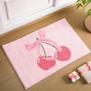 Pink Cherry Bow Bathroom Rugs, Coquette Bow Non-Slip Absorbent Bath Rugs, Pink Cute Fruit Fluffy Shower Mats, Aesthetic Coquette Bathroom Decor for Bathtub Bedroom Living Home, 20x30 Inch