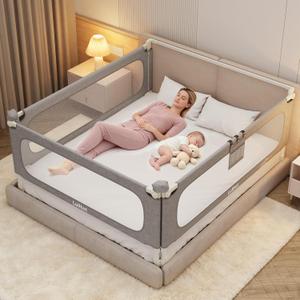King Size Bed Rails for Toddlers: 3-Piece with Corner Cushion | Stable, Tool-Free Install, Fold-Down & Dual Safety Lock, Side Pocket, Adjustable for 2-13" Mattress, for Baby Co-Sleeping