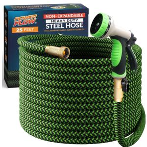 PowerFlow Garden Hose, NON-EXPANDABLE 25 Feet Premium Quality Stainless Steel Metal Water Hose with Durable Fabric Skin, Hose For Commercial, Residential Use, Bonus 10-way Spray Nozzle (25 Ft, Green)
