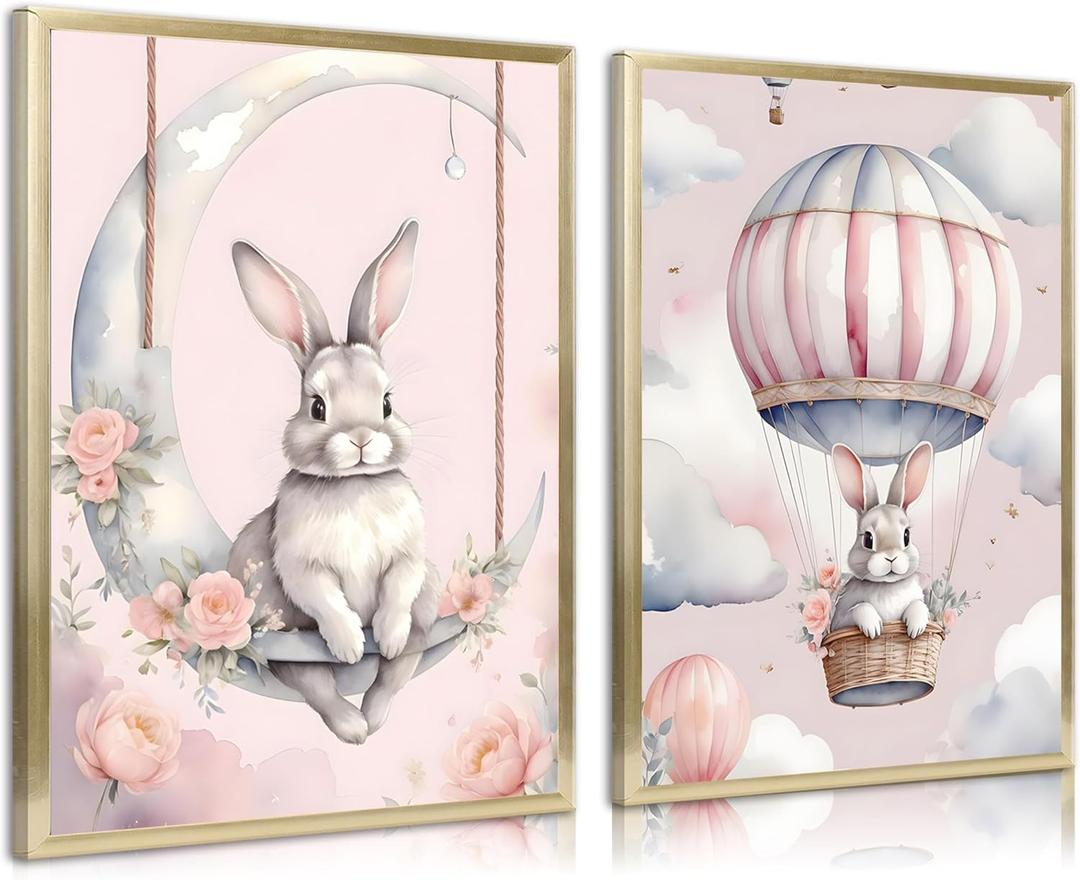 2pcs Nursery Bunny Canvas Wall Art Cute Balloon Bunny Posters Prints Pink Girl Animal Children's Room Wall Decor Pictures For Girls Room Bedroom Hone Decoration Unframed (12x16in)