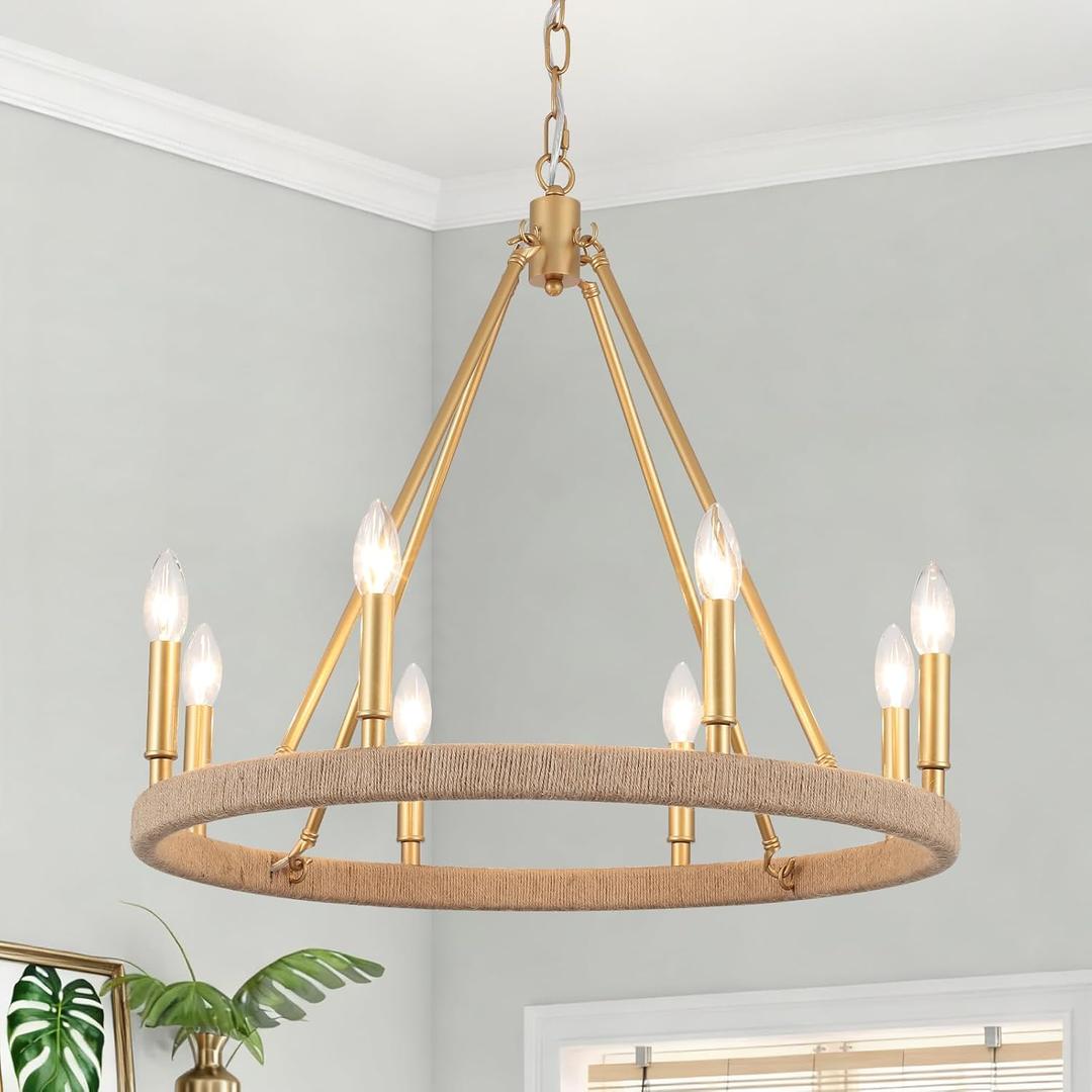 Gold Farmhouse Chandelier 8 Light Wagon Wheel Chandelier Modern Metal Round Pendant Lighting Fixture for Dining Room Entryway Island Living Room Kitchen
