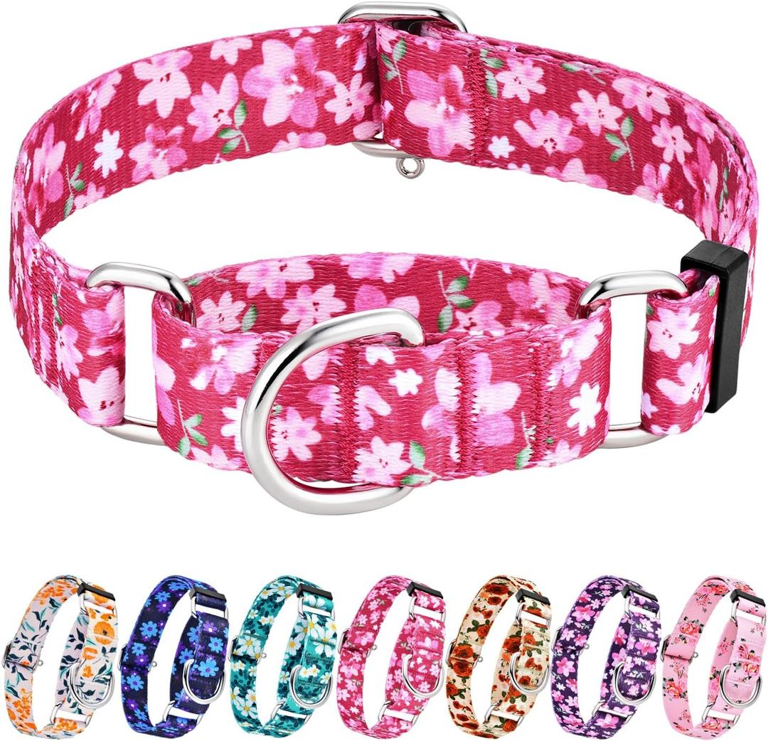 Hikiko Martingale Collar for Female Dogs - Floral Design, No Buckle, Nylon, No Pull, Medium, Japanese Pink