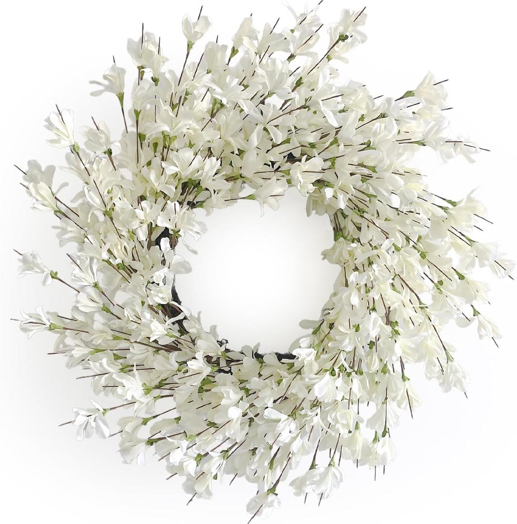 Summer Wreath for Front Door, 24 Inch White Cream Forsythia Summer Spring Wreath Blossom Cluster Flower Farmhouse on Grapevine for Christmas Festival Celebration Front Door Wall Window Hanging Dcor