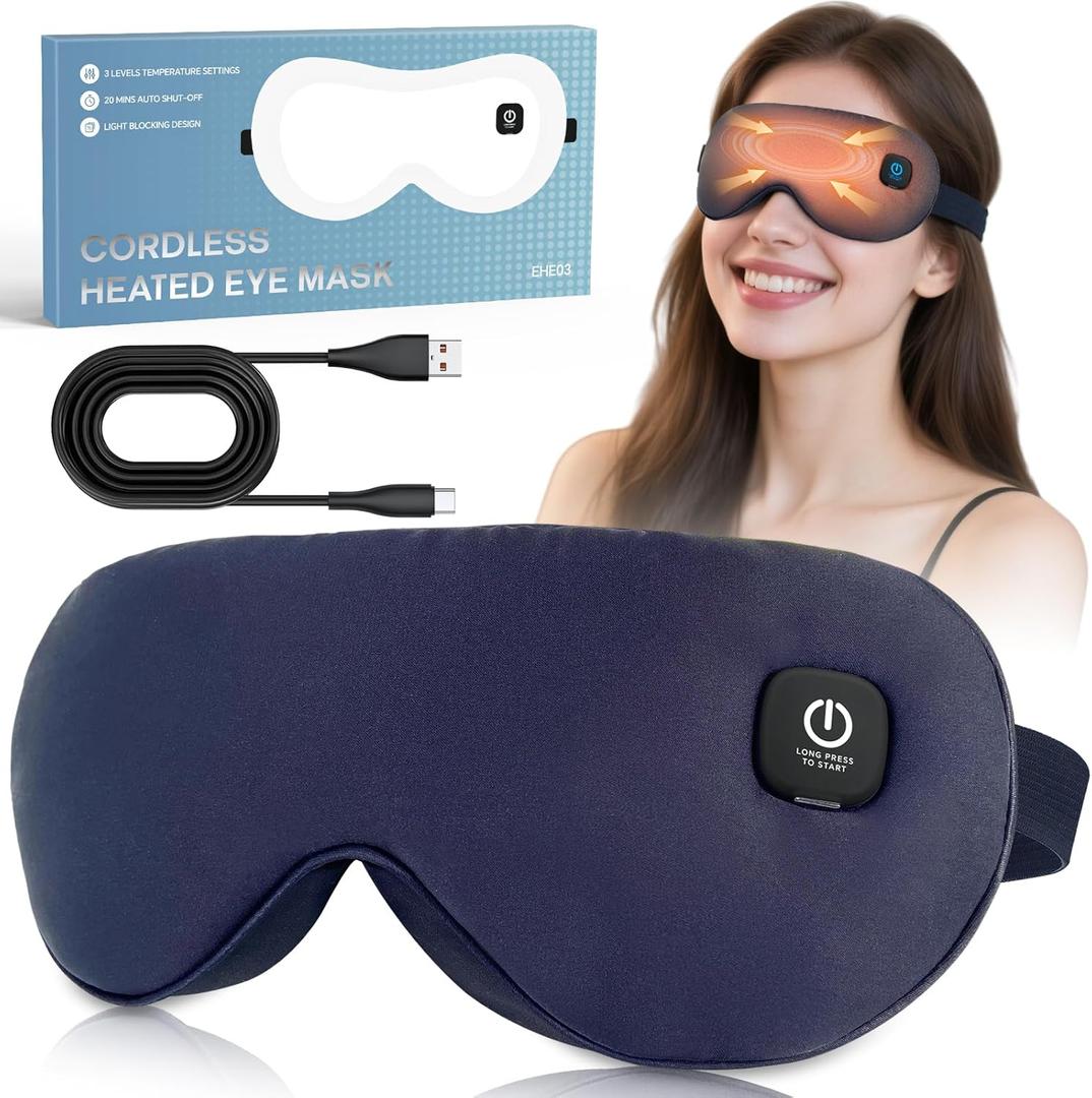 Cordless Heated Eye Mask for Dry Eyes Relief, with 3 Heat Settings, Washable Eye Cover, Warm Heating Pad for Stye Eye Treatment & Travel Use (Navy Blue)