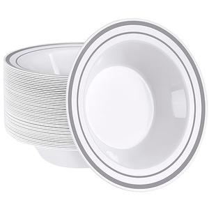 SETUP [12 oz. - 50 Piece Dessert Soup Bowls with Silver Rim, Plastic Bowls Disposable - Premium Heavy-Duty Disposable Soup Bowls for Party, Wedding, and All Occasions