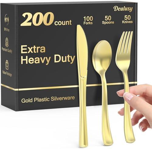 Dealusy 200 Count Heavy Duty Gold Plastic Silverware, 100 Forks, 50 Spoons, 50 Knives, BPA-Free, Heat Resistant, Disposable Plastic Utensils Set Cutlery Set, Plasticware Bulk