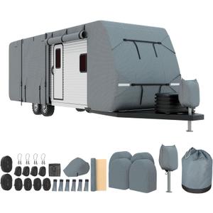 Mofeez Travel Trailer RV Cover, Extra-Thick Upgraded 7 Layers for Camper Cover 18'-20' Windproof Waterproof Rip-Stop Camper Cover with Adhesive Repair Patches, 2Pcs Extra Straps & 4 Tire Covers, Grey