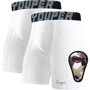 Youper Youth Boys Compression Sliding Shorts with Soft Protective Cup for Baseball Football Hockey (2-Pack) (X-Large, White)