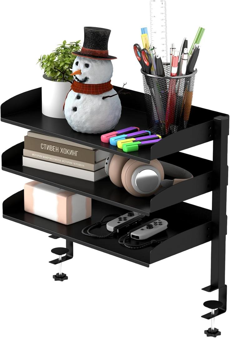 3 Tier Clamp On Desk Organizer Shelf,Large Clip Desktop or Under-Desk Adjustable Metal Storage Tray, Computer Table Organizer for Office Desk