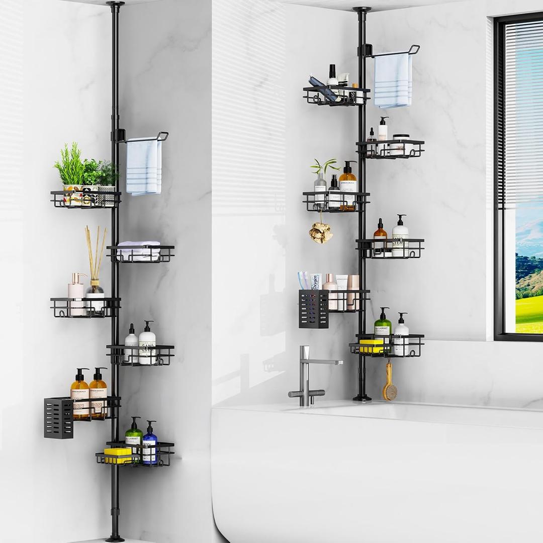 Mixoo Corner Shower Caddy Tension Pole - Adjustable 30 to 120 Inch Shower Organizer with 6 Shelves, Towel Rack, Toothbrush Holder, Soap Dish, Bathroom Corner Storage for Shower, Bathtub (Black)