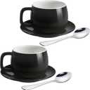 ionEgg Porcelain Coffee Cup with Saucers and Spoons 270ml/9oz for Latte, Cappuccino and Tea, Black, Set of 2