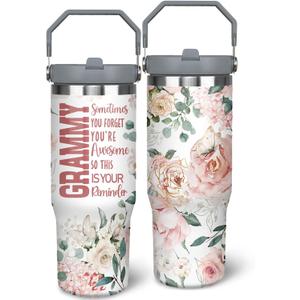 30oz Grandma Tumbler with Handle and Straw, Stainless Steel Insulated Nana Cup with Top Handle and Lid, Grandma Coofee Mug Christmas Birthday Gifts for Grammy/Gigi/Mimi