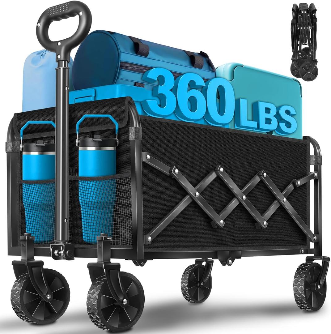 Wagons Carts Foldable,360lbs Collapsible Wagon Foldable Wagon with Wheels, Portable Folding Cart for Camping, Picnic,Beach, Groceries,Outdoor Sports,Shopping (Black)