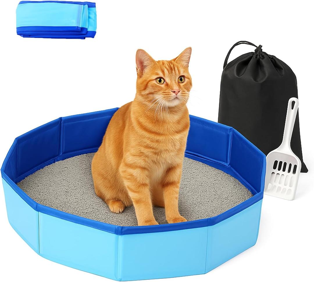 Portable Travel Litter Box for Cats with Scoop & Storage Bag Foldable, Waterproof, Lightweight Cat Litter Tray for Car, Airplane, Camping, Indoor & Outdoor Use, 19.7" Diameter