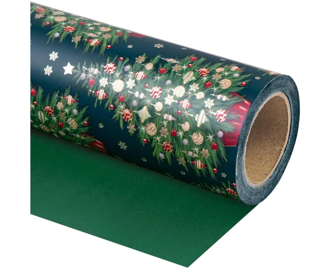 Reversible Green Christmas Wrapping Paper - Mini Roll - 17 Inch x 33 Feet - Green Christmas Tree Wrapping Paper for Holiday, Party Celebration