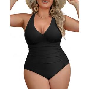 Aqua Eve Women Plus Size One Piece Swimsuits V Neck Tummy Control Bathing Suits Retro Ruched Swimwear Size 18W