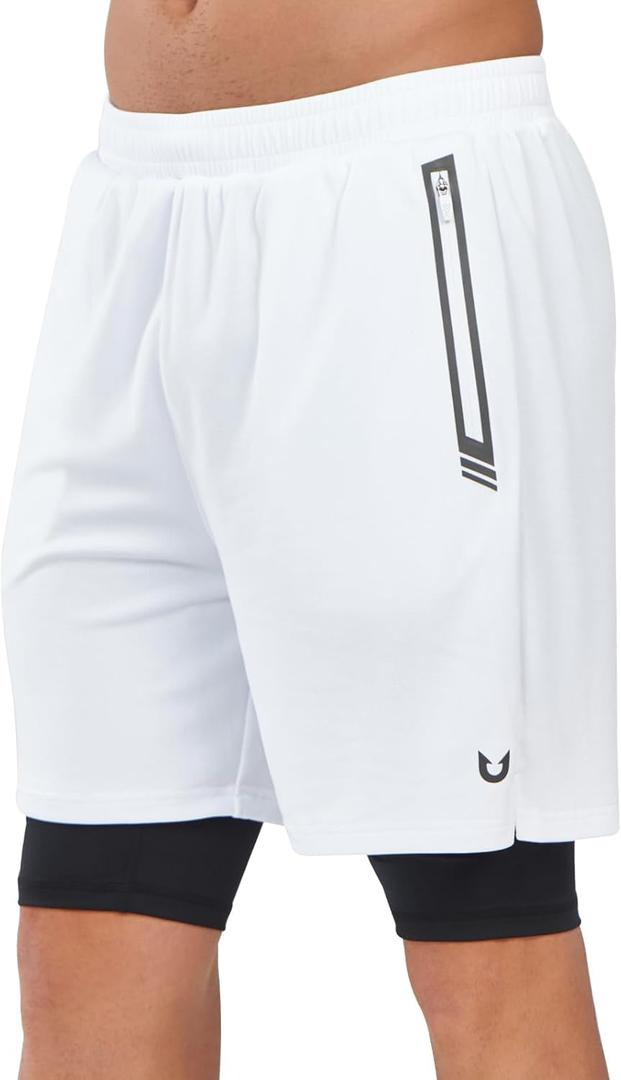 NORTHYARD Men's 2 in 1 Running Shorts Workout Gym Athletic Shorts with Liner Active Training Shorts with Zipper Pockets (White, L)