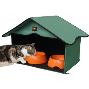 Outdoor Cat House, Waterproof Pet Shelter/Dining Room, for Feral/Community Cats (Feeding Station,Green)