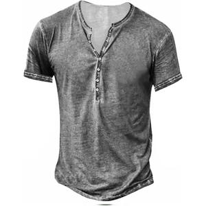 Beotyshow Mens Distressed Henley Shirts Retro Short Sleeve Tee Shirts Casual Button Down Washed T-Shirts for Men, Size XXL