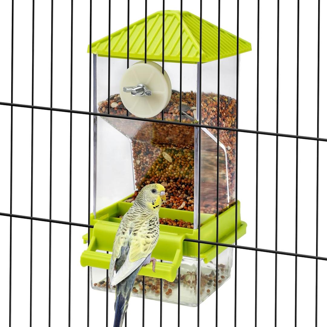 Rypet No Mess Automatic Bird Feeder for Cage,Transparent Acrylic Parrot Seed Feeders,Food Container for Cage,Parrot Feeder Cage Accessories for Small and Medium Lovebirds Parakeets Cockatiel Finch (Transparent A80 Green)
