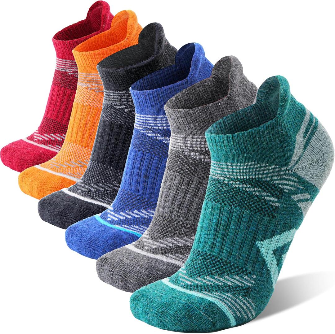 ANTSANG 6 Pairs Merino Wool Ankle Hiking Running Socks Compression Thick Cushion Breathable No Show Socks for Men Women (Large, Blue/Black/Green/Grey/Orange/Red)